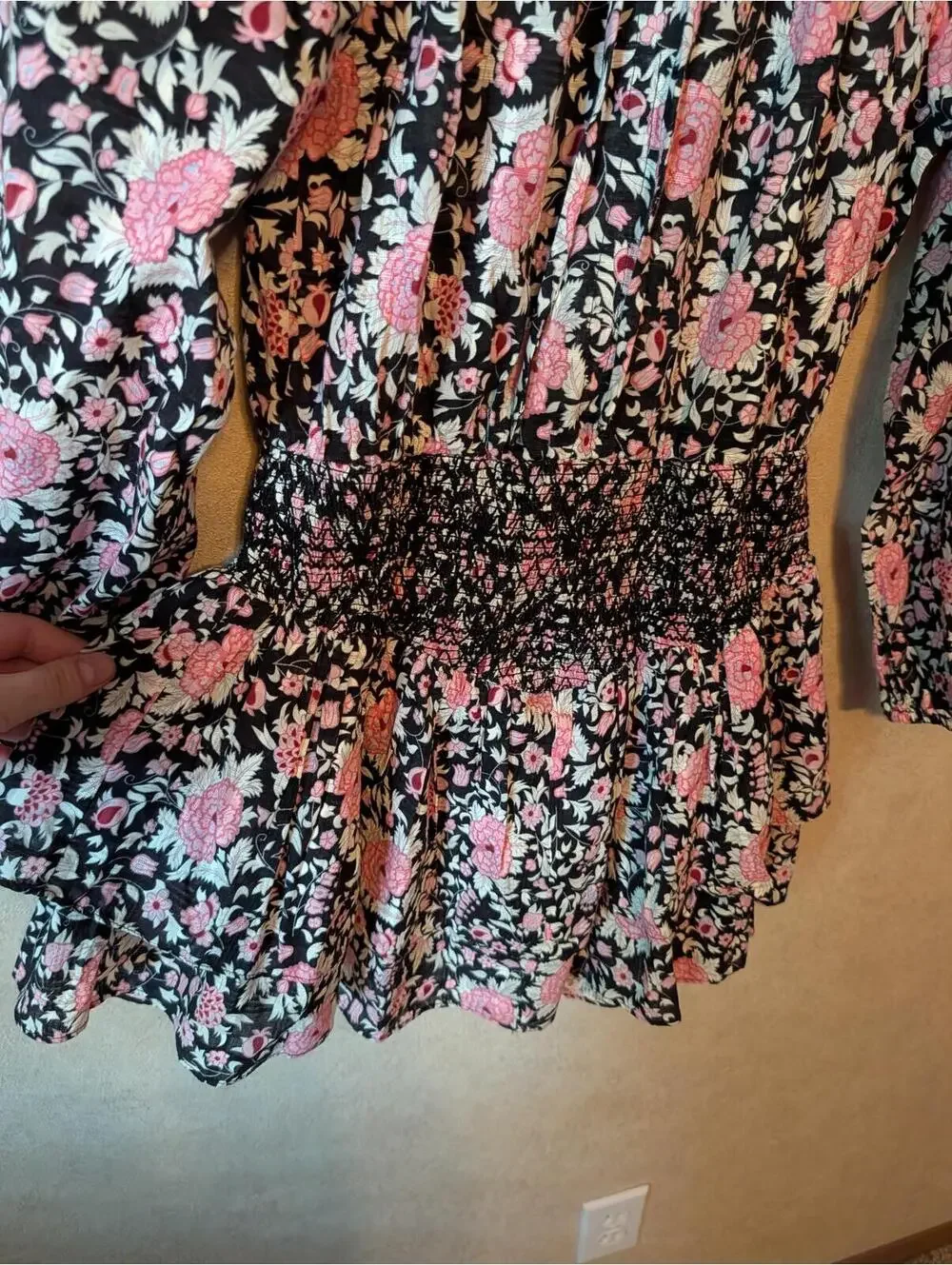 LOVESHACKFANCY Netra black pink long sleeve floral mini dress sz XS - Picture 5 of 7
